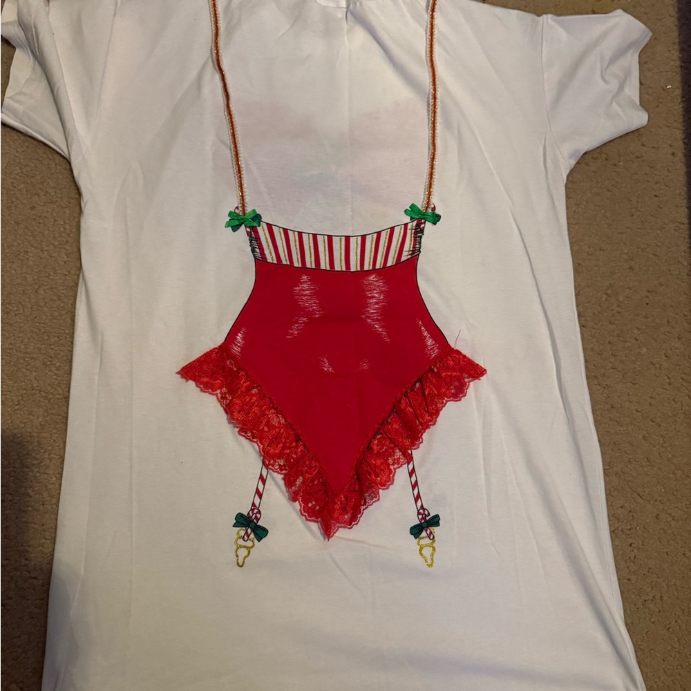 Vintage Festive White T-Shirt Red Lingerie Print, Funny, christmas, Santa,  M - Picture 2 of 2